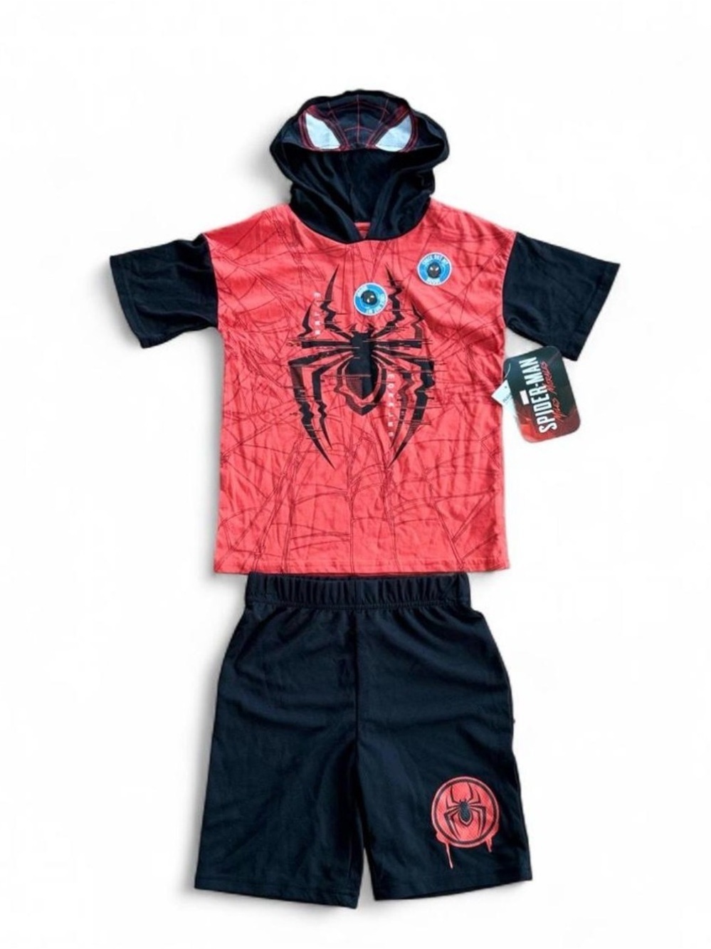 Marvel Spider-Man Miles Morales Boys Hooded Shirt Shorts Set Size 7 Red Black - Picture 1 of 11